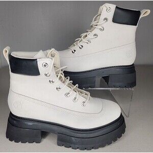 Timberland SKY 6 Inch Lace Up Platform Boots White Nubuck Size 9.5 Leather